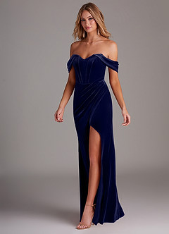 Azazie Jas Robes de demoiselle d'honneur Robe Fourreau Convertible en velours Schulterfreies Korsett Bleu Marine Foncé image3
