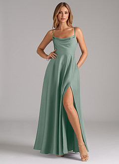 Azazie Elle Brautjungfernkleider A-Linie Plissee Stretch-Satin Kleid Silberner Salbei image3