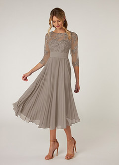 Azazie Tutu Mother of the Bride Dresses Taupe A-Line Boatneck Lace Chiffon Dress image3