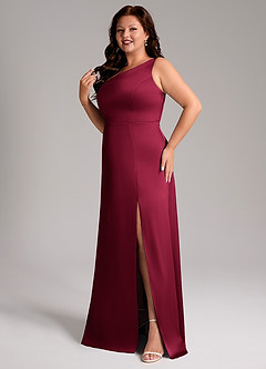 Azazie Phaedra Bridesmaid Dresses Burgundy A-Line One Shoulder Stretch Satin Dress image12