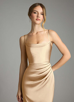 Azazie Leonis Bridesmaid Dresses Champagne Mermaid Pleated Stretch Satin Convertible Dress image3