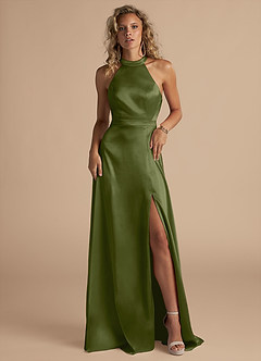 Azazie Clarice Bridesmaid Dresses Olive A-Line High Neck Metallic Satin Dress image4