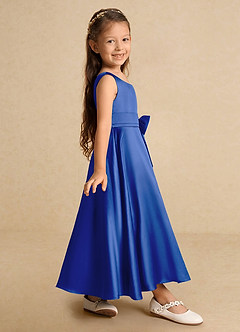 Azazie Lindy vestidos de niña de las flores Vestido de Azul Real de Satin Mate de Corte En A con Plisado image5