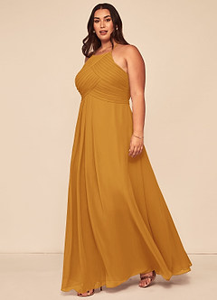 Azazie Ginger Bridesmaid Dresses Butterscotch A-Line Halter Pleated Chiffon Dress image9