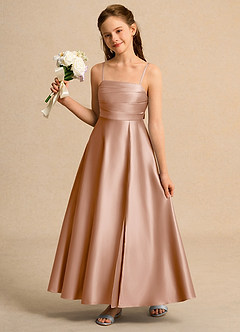 Azazie Pebbles Junior Formal Flower Girl Dresses Champagne Rose A-Line Pleated Matte Satin Dress image2