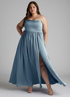 Azazie Morana Jurken voor bruidsmeisjes Converteerbaar Jurk van Stretch Satijn met A-Lijn Off the Shoulder Stoffig Blauw image11