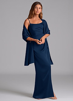 Azazie Calandra Robes de demoiselle d'honneur Robe Trapèze en Satin extensible Plissée Bleu Marine Foncé image2