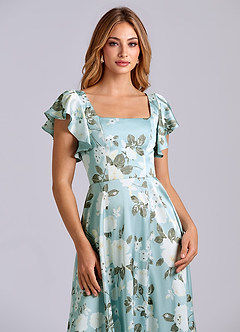 Azazie Bondi Bridesmaid Dresses Misty Floral Garden A-Line Bow Stretch Satin Dress image7