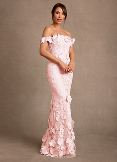 Azazie Lotta Blushing Pink Mermaid Off the Shoulder Lace Dress | Azazie