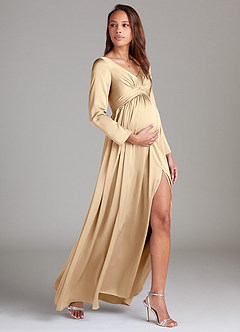 Azazie Teton Final Sale A-Line Long Sleeve Stretch Satin Floor-Length Dress image3