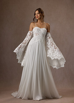 Azazie Rhya Probar vestidos en casa Vestido de Diamante Blanco de Encaje de Corte en A con Vestidos sin tirantes image5
