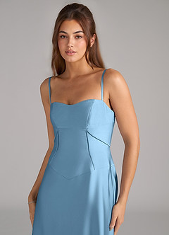 Azazie Valentine Abiti da Damigella Abito A-Line in Raso Elasticizzato Corsetto Blu Acciaio image6