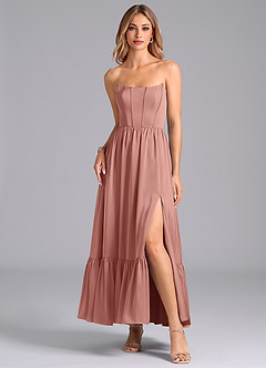 Azazie Leilana Vestidos de damas de honor Vestido de Rosetón de Satén Elástico de Corte en A con Corsé image3