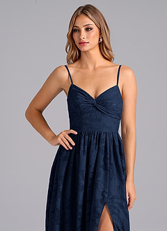 Azazie Zeya Bridesmaid Dresses Dark Navy A-Line Bow Floral Burnout Dress image2
