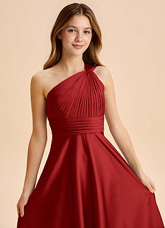 Azazie Charlize Junior Pomegranate A-Line Pleated Stretch Satin Dress image6