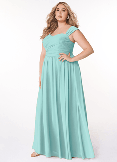 Azazie Zapheira Vestidos de damas de honor Vestido de Aqua de Gasa de Corte en A con Volante image7