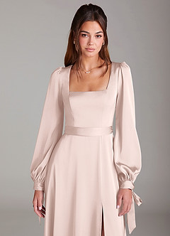 Azazie Leonia Bridesmaid Dresses Blushing Pink A-Line Long Sleeve Stretch Satin Dress image6