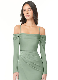 Azazie Hallie Jurken voor bruidsmeisjes Converteerbaar Jurk van Stretch Satijn met Kolom Off-the-shoulder lange mouw Matcha image2