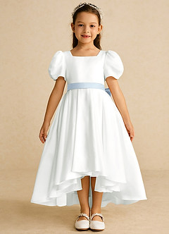 Azazie Zippy Flower Girl Dresses Ivory Mist A-Line with Sleeves Matte Satin Dress image3