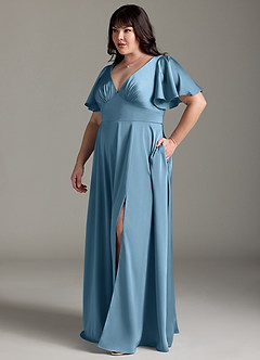 Azazie Kimber Bridesmaid Dresses Steel Blue A-Line Ruched Stretch Satin Dress image10
