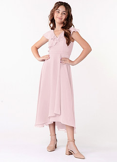 Azazie Posie Junior Blushing Pink A-Line Ruched Chiffon Dress image4