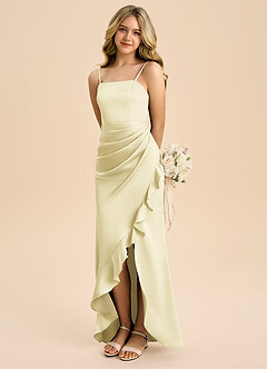 Azazie Buzzy Junior Lemon Sorbet Sheath Pleated Stretch Satin Dress image1