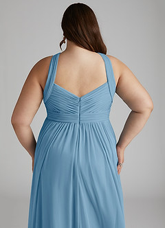 Azazie Hillian Abiti da Damigella Abito A-Line in Maglia con Scollo Halter a Pieghe Blu Acciaio image9