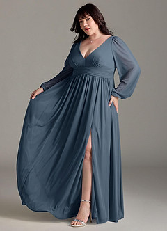 Azazie Norah Bridesmaid Dresses Neptune A-Line V-Neck Long Sleeve Chiffon Dress image10