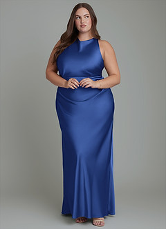 Azazie Evadne Bridesmaid Dresses Royal Blue Sheath Pleated Stretch Satin Dress image10