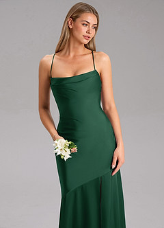Azazie Grata Bridesmaid Dresses Dark Green Sheath Side Slit Stretch Satin Dress image6