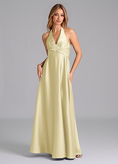 Azazie Tessie Vestidos de damas de honor Vestido de Sorbete De Limón de Satén Elástico de Corte en A con Plisado image6