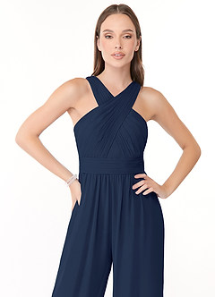 Azazie Berdie Bridesmaid Dresses Dark Navy Halter Chiffon Jumpsuit image5