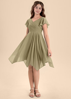Azazie Janeaurelia Junior Abito A-Line in Chiffon Plissettato Verde Muschio image4