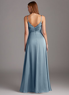 Azazie Calissa Bridesmaid Dresses Dusty Blue A-Line V-Neck Pleated Stretch Satin Dress image2