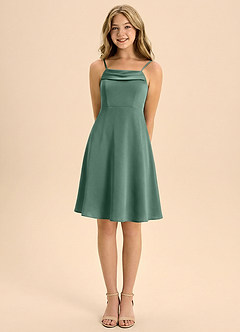 Azazie Anselie Junior Eucalyptus A-Line Pleated Stretch Satin Dress image5
