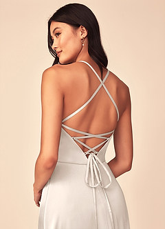 Azazie Mei Robes de demoiselle d'honneur Robe Trapèze en Satin extensible Col en V Albâtre Blanc image3