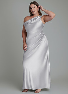 Azazie Emerson Vestidos de damas de honor Vestido Plata de Satén Metálico de Corte Sirena con Hombros descubiertos image11