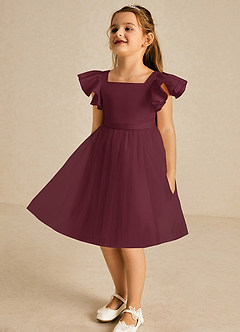 Azazie Kaeya Robe Demoiselle D'honneur Fillette Robe Trapèze en Tulle Arc Cabernet image4