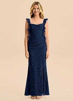 Azazie Jessamine Junior Robe Sirène en Floral Burnout Décolleté en cœur Bleu Marine Foncé image5