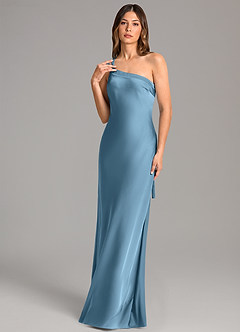 Azazie Monroe Vestidos de damas de honor Vestido de Azul Acero de Satén Elástico de Corte Sirena con Hombro unilateral image1