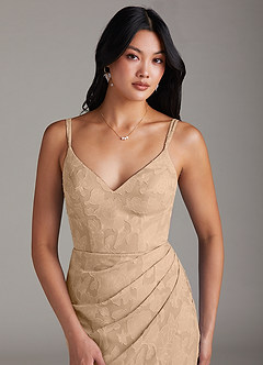 Azazie Leo Bridesmaid Dresses Champagne Sheath Pleated Floral Burnout Dress image5