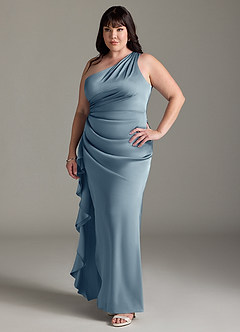 Azazie Latrice Bridesmaid Dresses Dusty Blue Sheath One Shoulder Cascading Ruffles Stretch Satin Dress image8