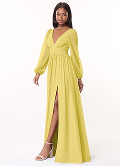 Azazie Norah Vestidos de damas de honor Vestido de Canario de Gasa de Corte en A con Manga larga con cuello en V image4