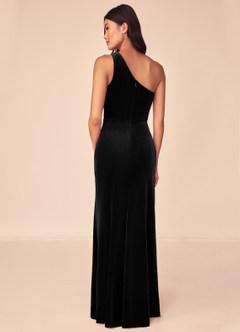 Azazie Argan Bridesmaid Dresses Black A-Line One Shoulder Pleated Velvet Dress image5