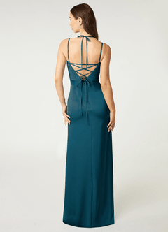 Azazie Desi Vestidos de damas de honor Vestido de Azul Tinta de Satén Elástico de Corte Recto con Corsé Halter image3