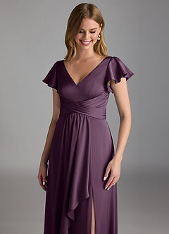 Azazie Omari Robes de demoiselle d'honneur Robe Trapèze en Satin extensible Prune image4
