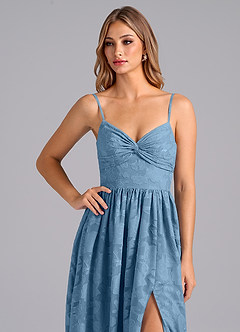 Azazie Zeya Bridesmaid Dresses Steel Blue A-Line Bow Floral Burnout Dress image2