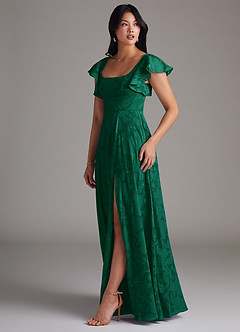 Azazie Bondi Bridesmaid Dresses Emerald A-Line Side Slit Floral Burnout Dress image2