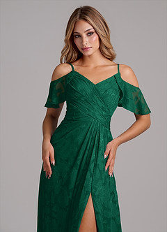 Azazie Dakota Bridesmaid Dresses Emerald A-Line Off the Shoulder Floral Burnout Dress image3