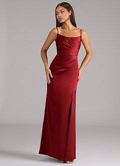 Azazie Marla Vestidos de damas de honor Vestido Escarlata de Satén Elástico de Corte Recto Convertible con Palabra de honor image7